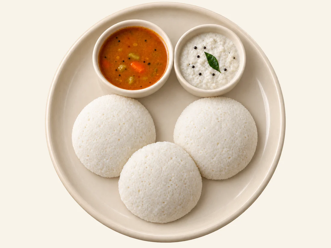 Idlis on a plate with coconut chutney and sambar